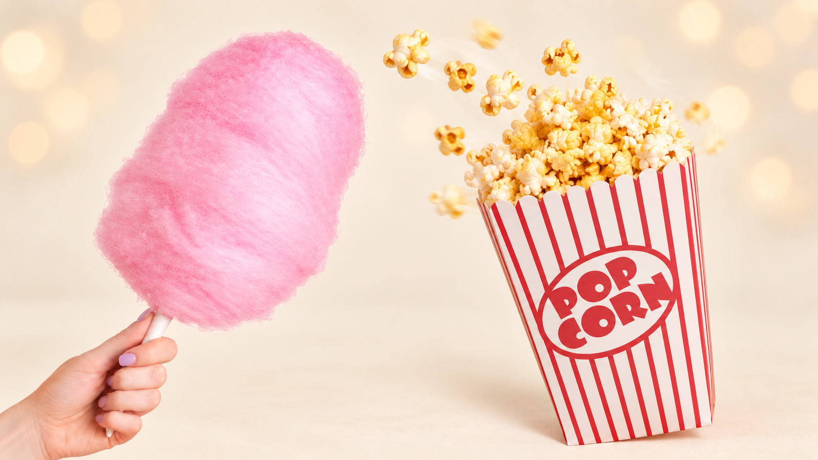 Pink candyfloss and a striped carton of popcorn