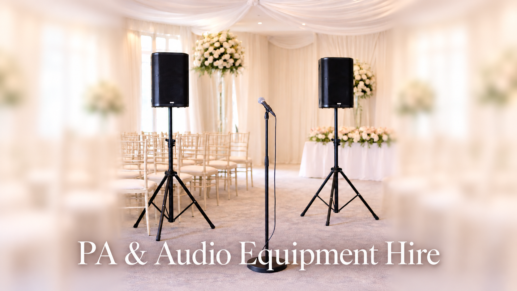 Two PA speakers and a microphone at an event venue, with the caption PA and Audio Equipment Hire.